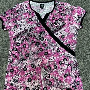 Printed pink scrub top